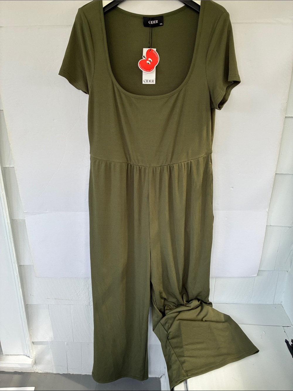 Cider Women's Scoop Neckline Ribbed Short Sleeve Wide Leg Jumpsuit Olive 0X
